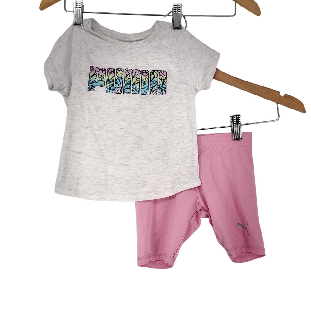 Puma Toddler Girls 3T Gray Pink Butterfly Logo T-Shirt and Bike Shorts Set